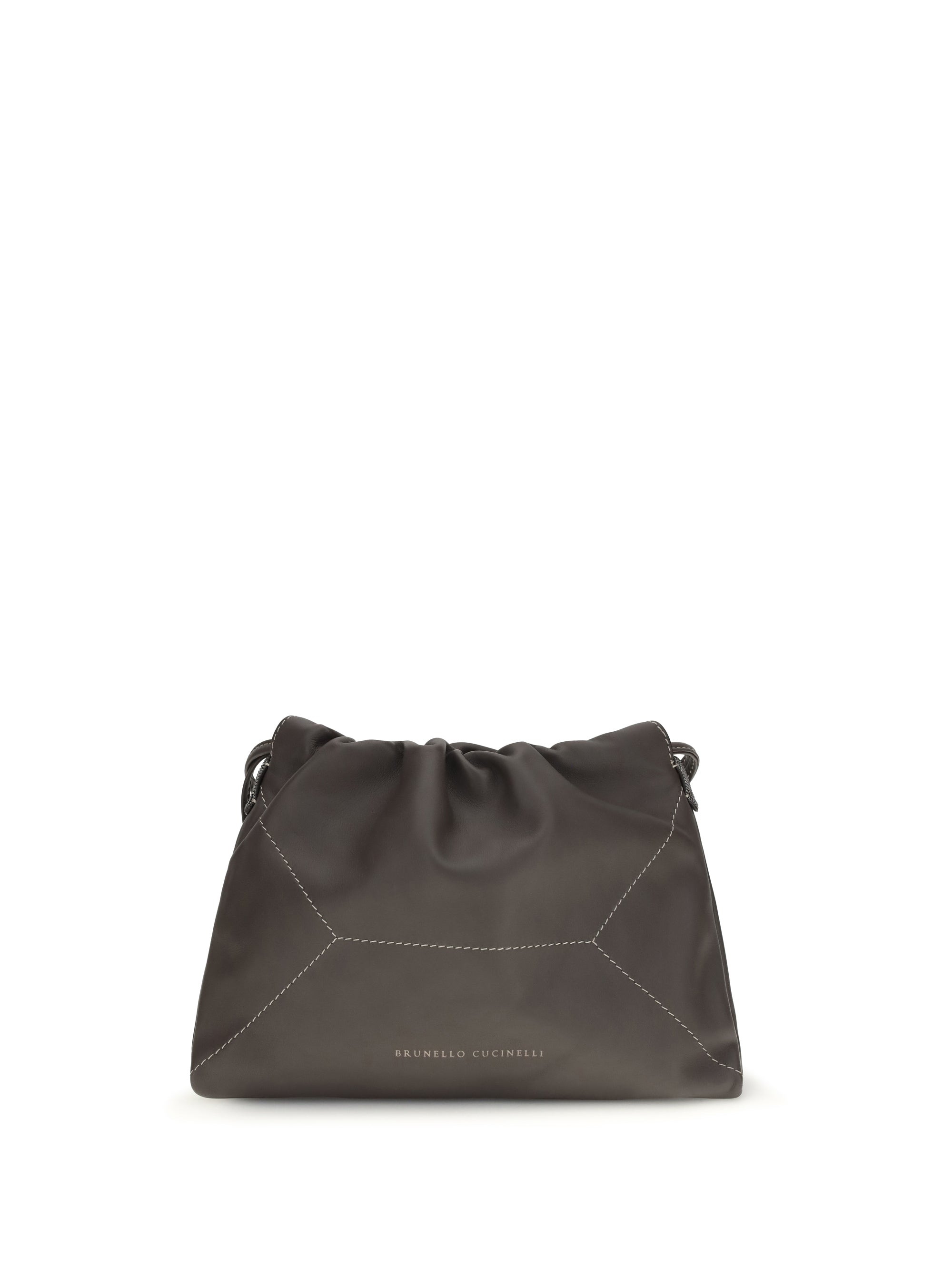 Brunello Cucinelli Calf Leather Drawstring Shoulder Bag — Brown
