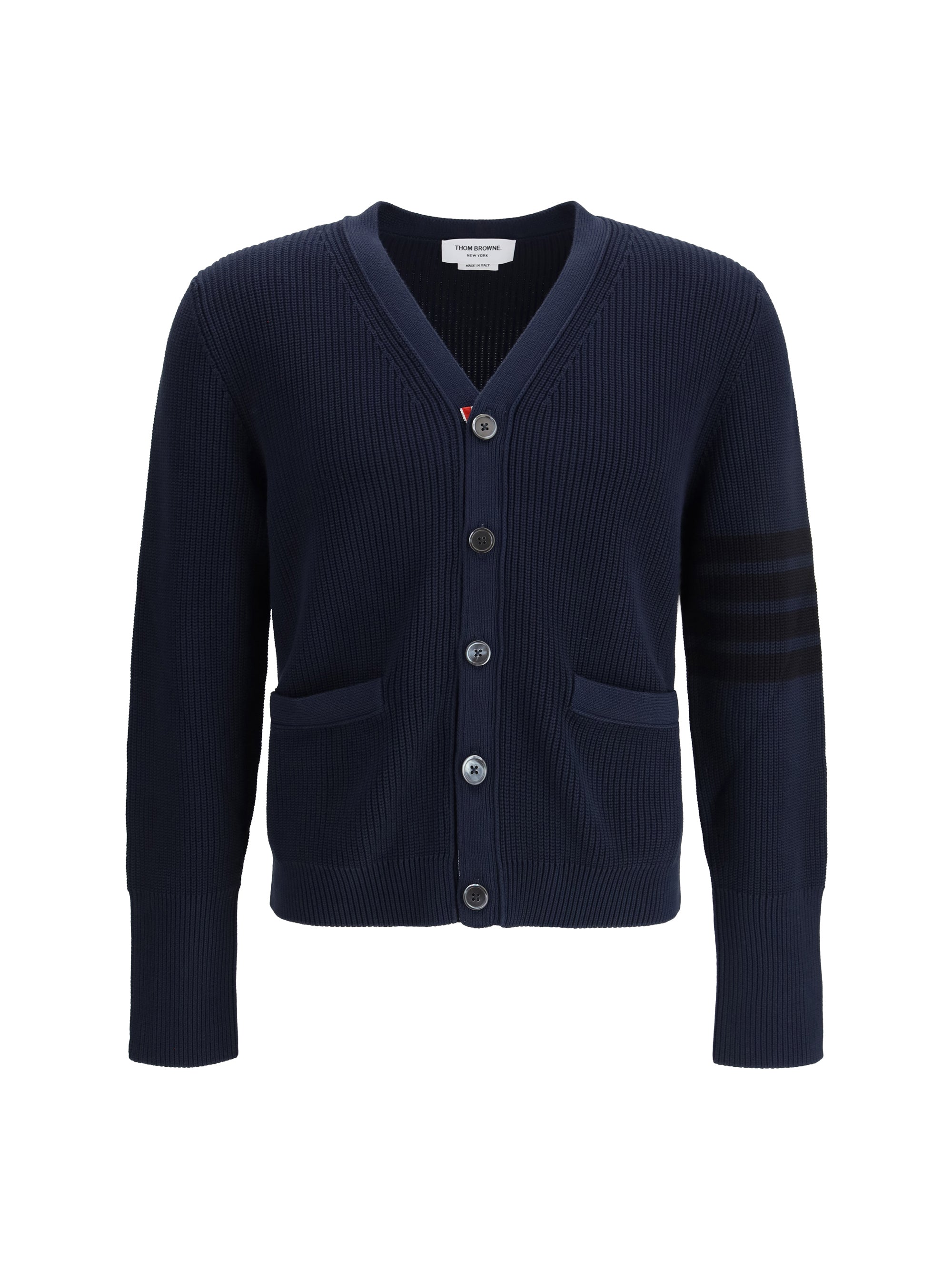 Thom Browne Ribbed Cotton V-Neck Cardigan — Navy