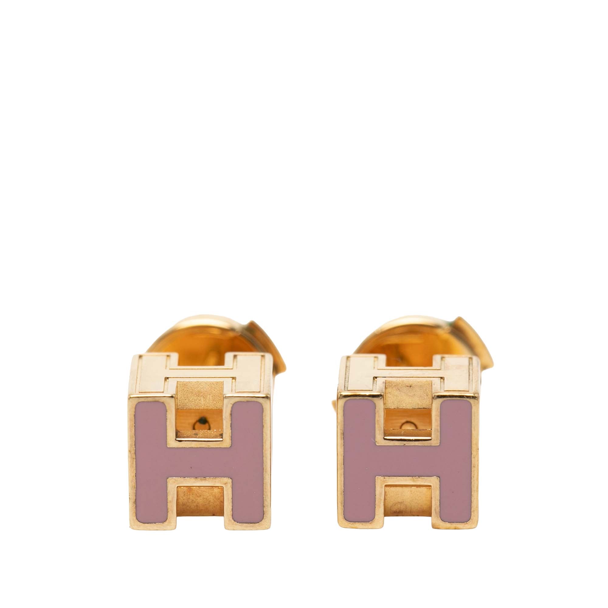Gold Plated Enamel Cage dH Cube Push Back Earrings