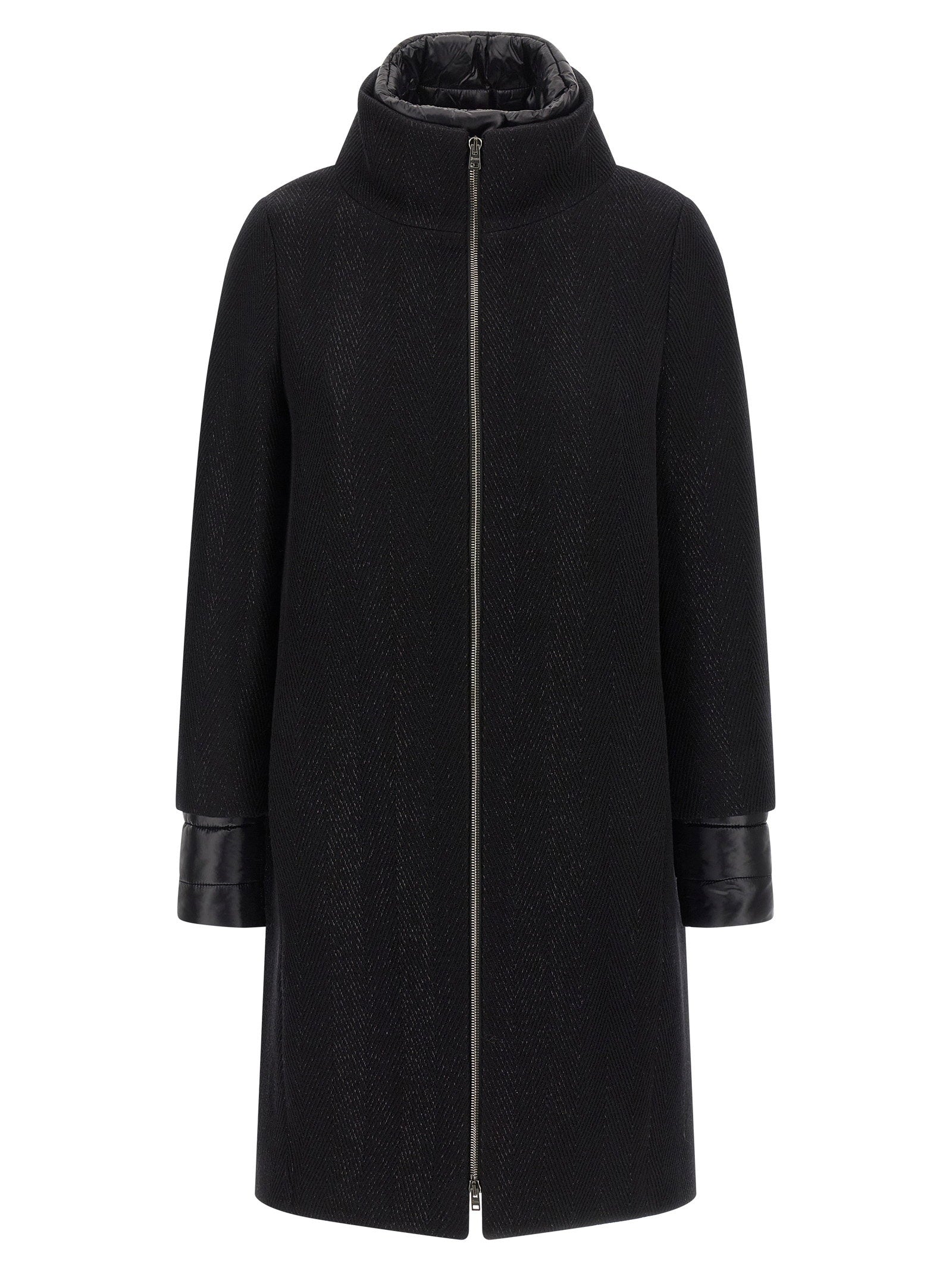 Herno Lamé Thread and Wool Blend Coat — Black