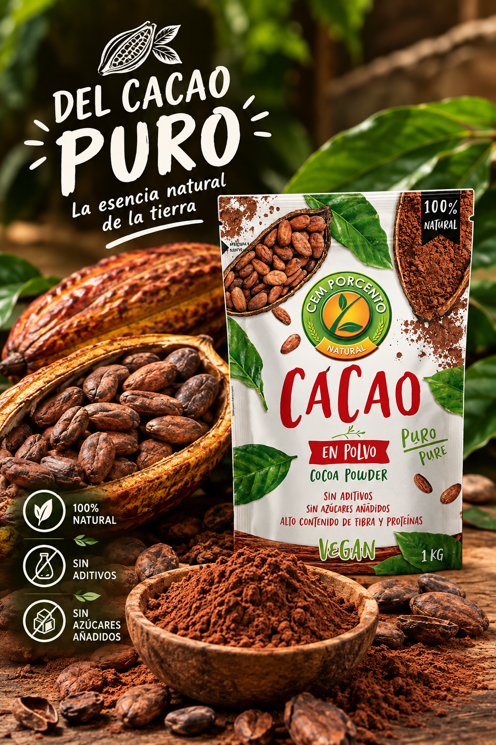 Cacao en Polvo 100% Natural - 1Kg - Cem Porcento