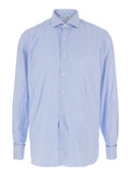 Light Blue Shirt with Classic Collar and All-Over Striped Motif in Cotton Man Blouses