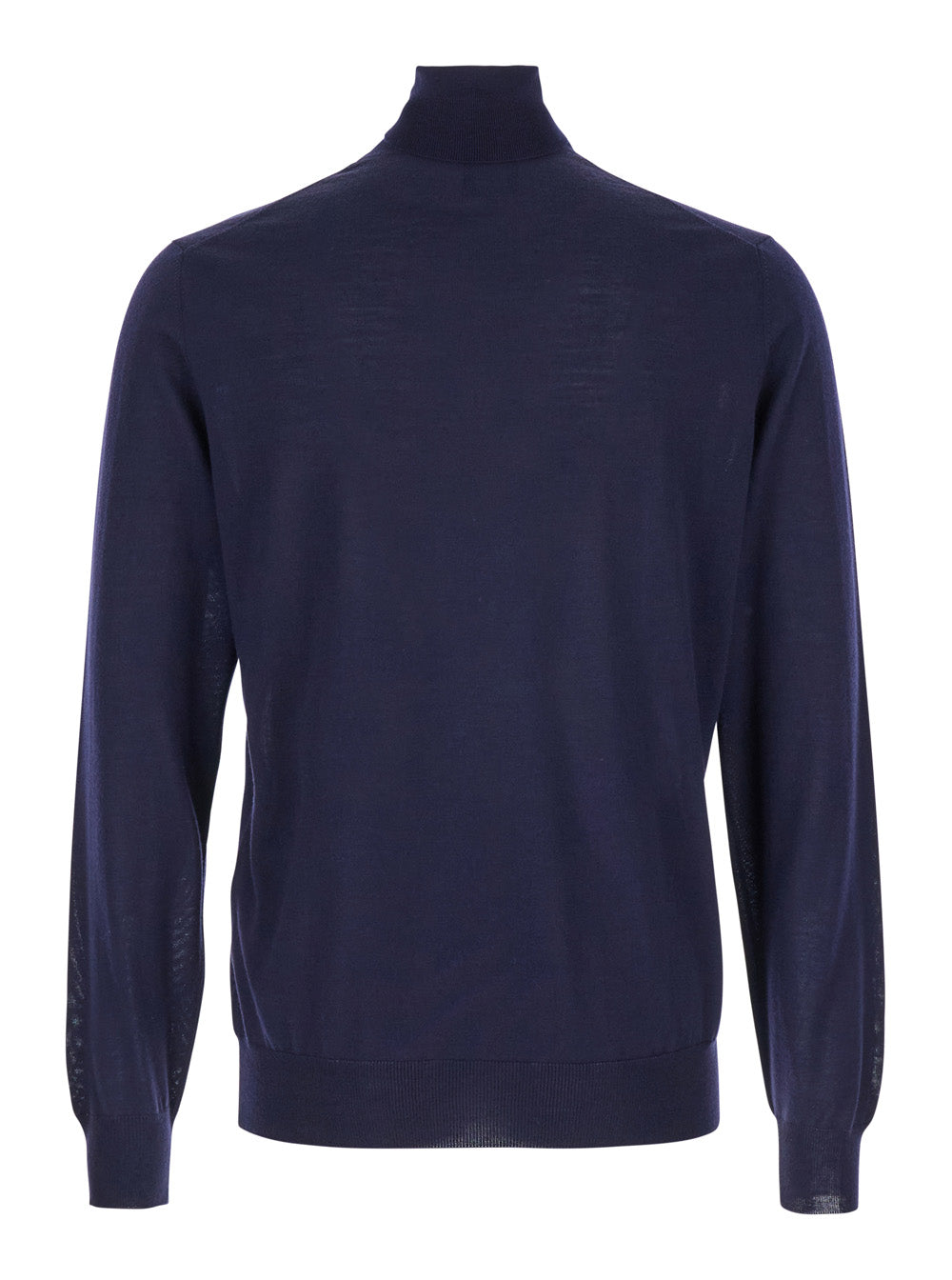 Navy Blue Turtleneck Pull with Rib Trim in Wool Man Gaudenzi Blu Virgin Jersey