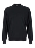 Black Crewneck Sweater with Ribbed Trims in Wool Man Virgin Jersey