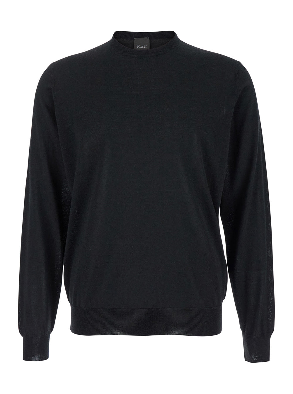 Black Crewneck Sweater with Ribbed Trims in Wool Man Virgin Jersey