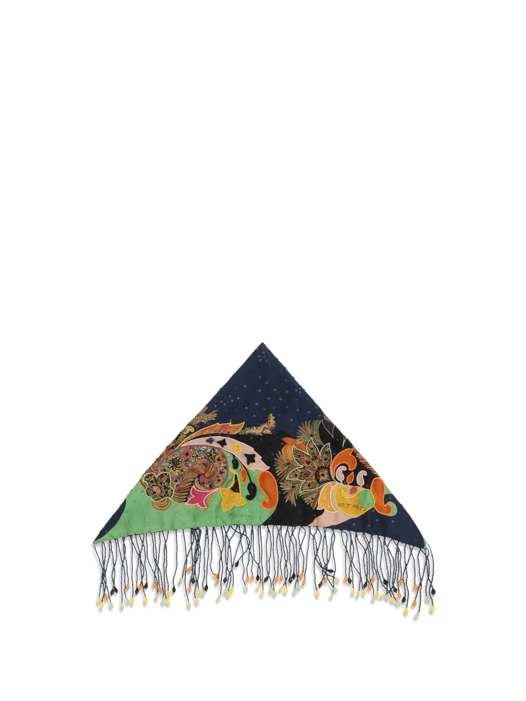 Etro Beaded Silk Twill with Fringes Scarf — Navy
