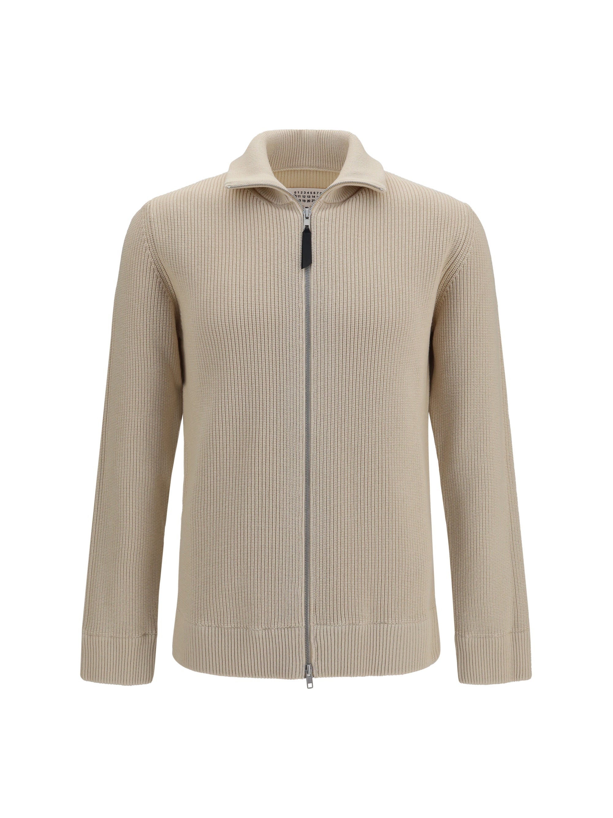 Cárdigan de Lana y Algodón Acanalado con Cremallera Maison Margiela — Beige