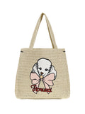 Fiorucci Poodle-Embroidered Raffia Tote Bag — Beige