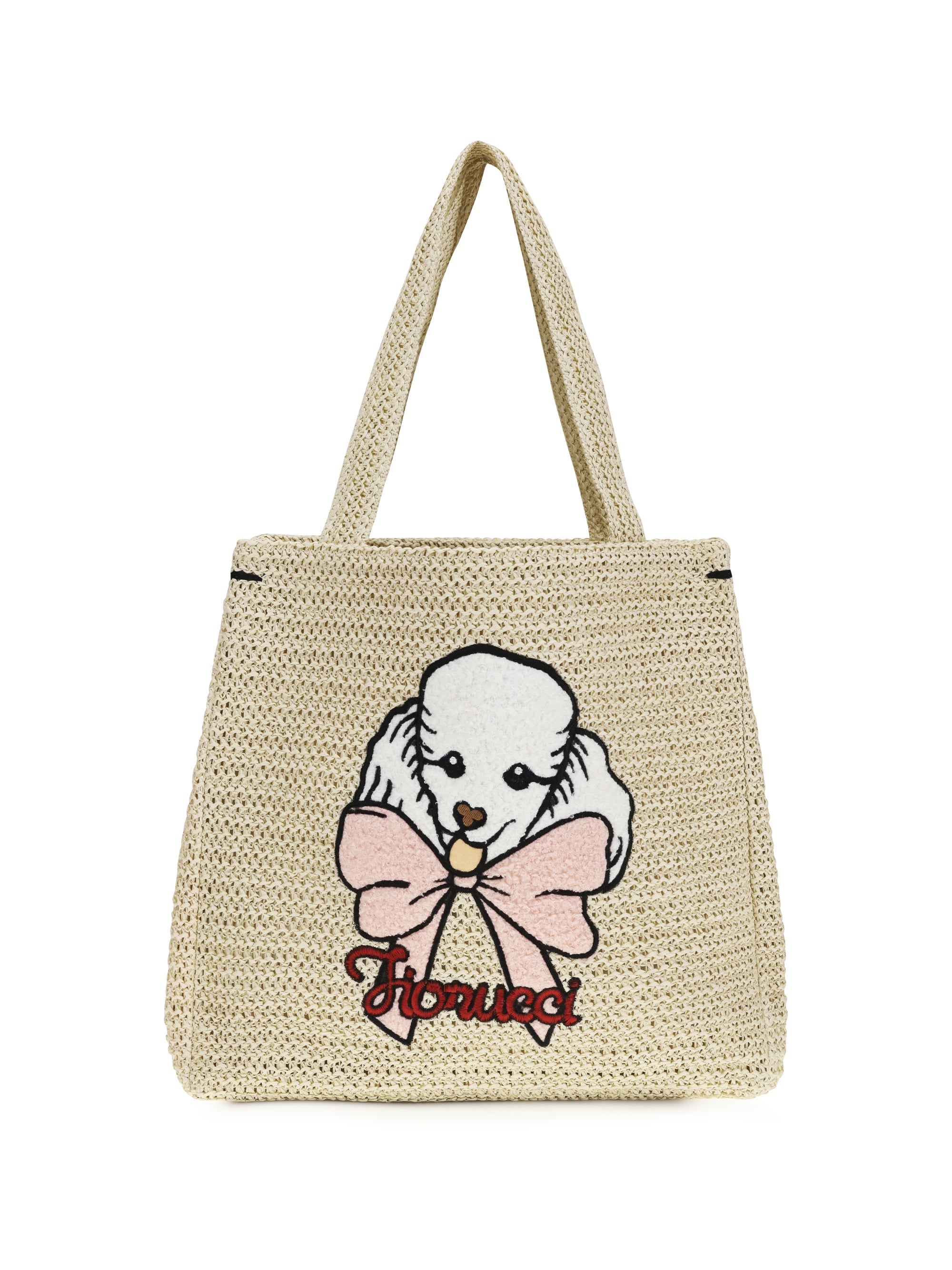 Fiorucci Poodle-Embroidered Raffia Tote Bag — Beige