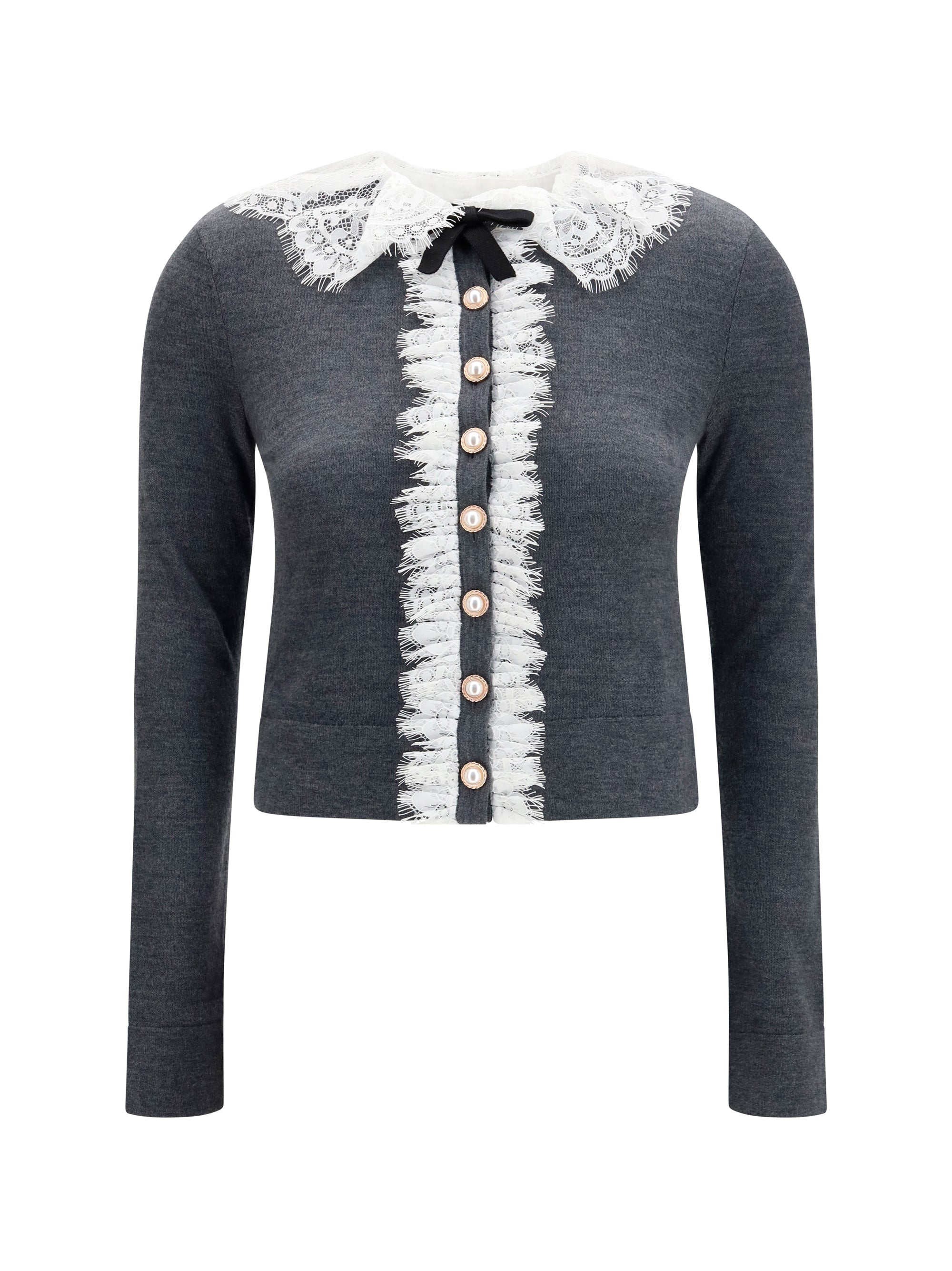 Self-Portrait Lace-Trimmed Merino Wool Cardigan — Gray