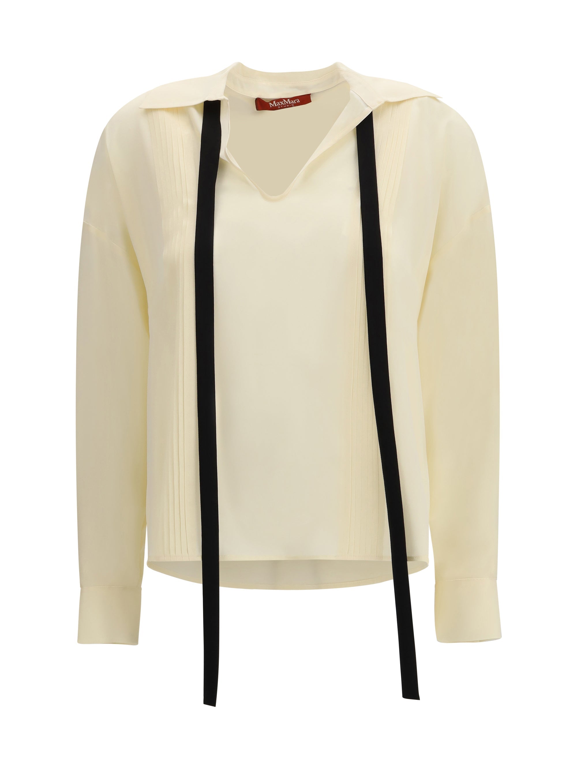 Max Mara Studio Silk Blouse with Pintuck Detail Shirt — Beige