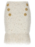 Balmain Fringed Tweed with Gold Buttons Skirt — Cream