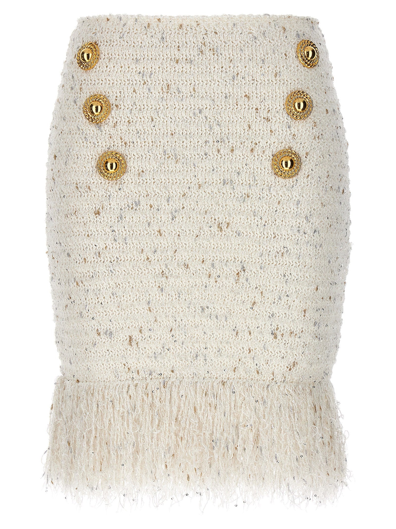 Balmain Fringed Tweed with Gold Buttons Skirt — Cream