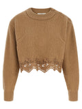 Chloé Lace-Trimmed Ribbed Knit Sweater — Camel