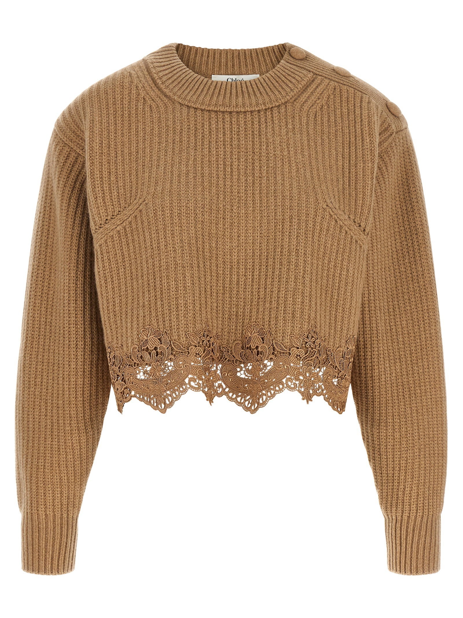 Chloé Lace-Trimmed Ribbed Knit Sweater — Camel