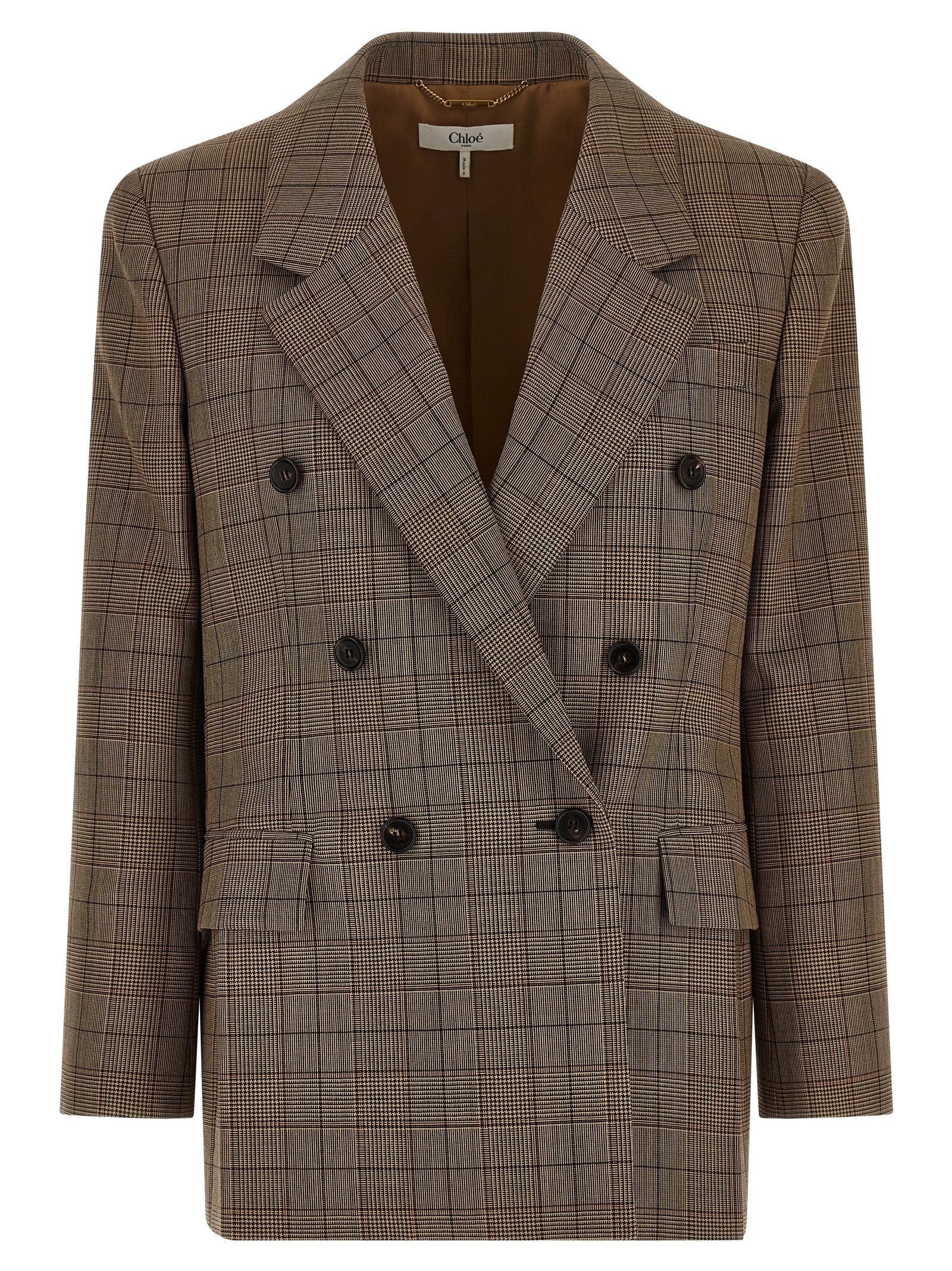 Chloé Check Wool Double-Breasted Blazer — Brown