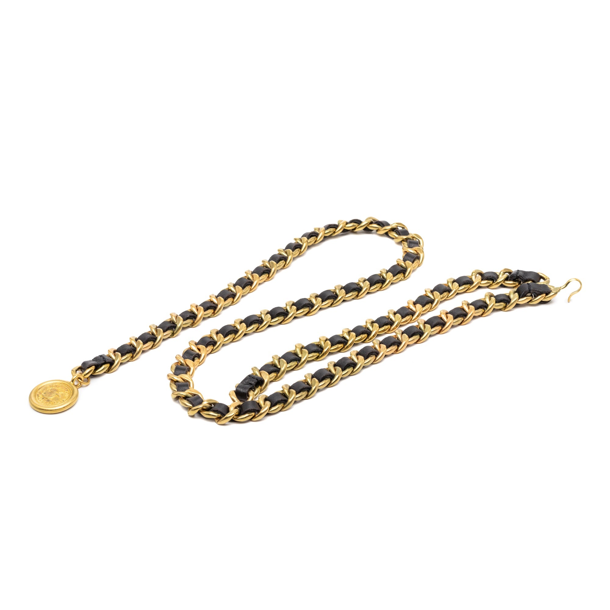Gold Plated CC Leather Woven Medallion Chain Belt