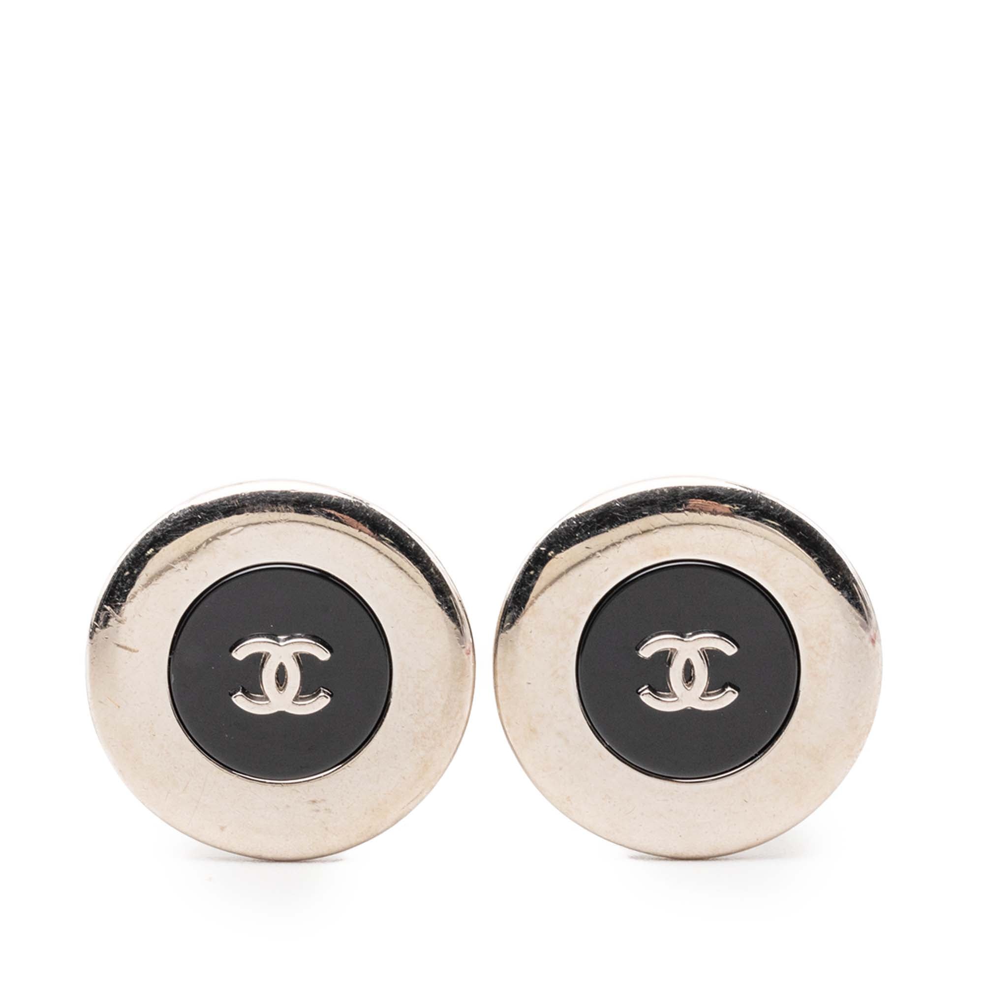 Silver Plated and Enamel CC Button Clip On Earrings