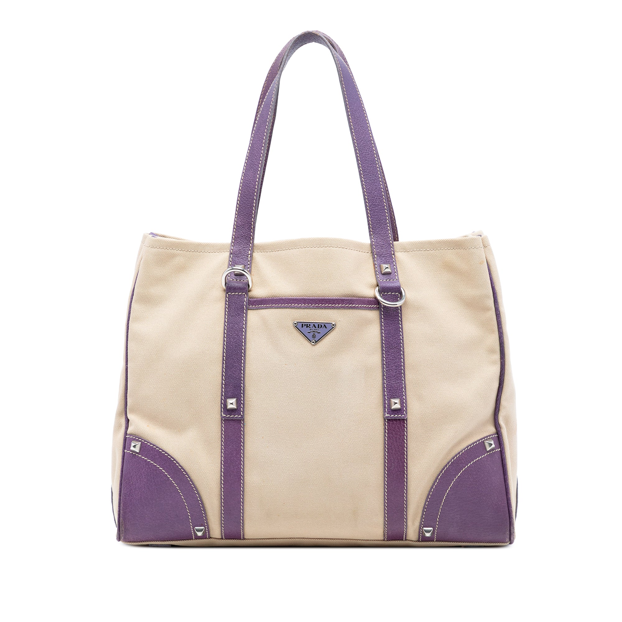 Studded Leather Trimmed Canvas Front Pocket Tote