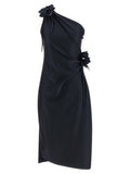 Coperni Asymmetric One-Shoulder Petal-Detail Dress — Black