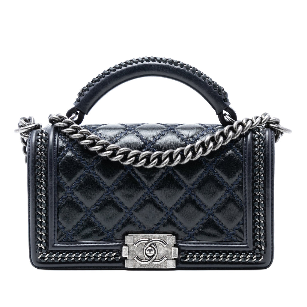 Old Medium Quilted Calfskin Whipstitch Chain Around Boy Top Handle Flap