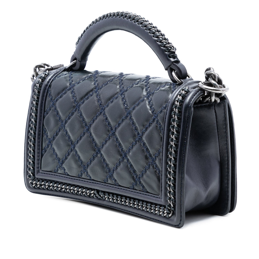 Old Medium Quilted Calfskin Whipstitch Chain Around Boy Top Handle Flap