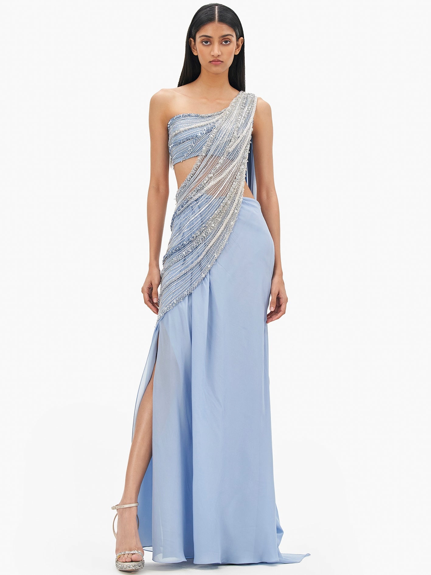 The Comet Blue Nova Drape Sari Gown By KYNAH, Luxury Indian Fashion & Bridal Wear