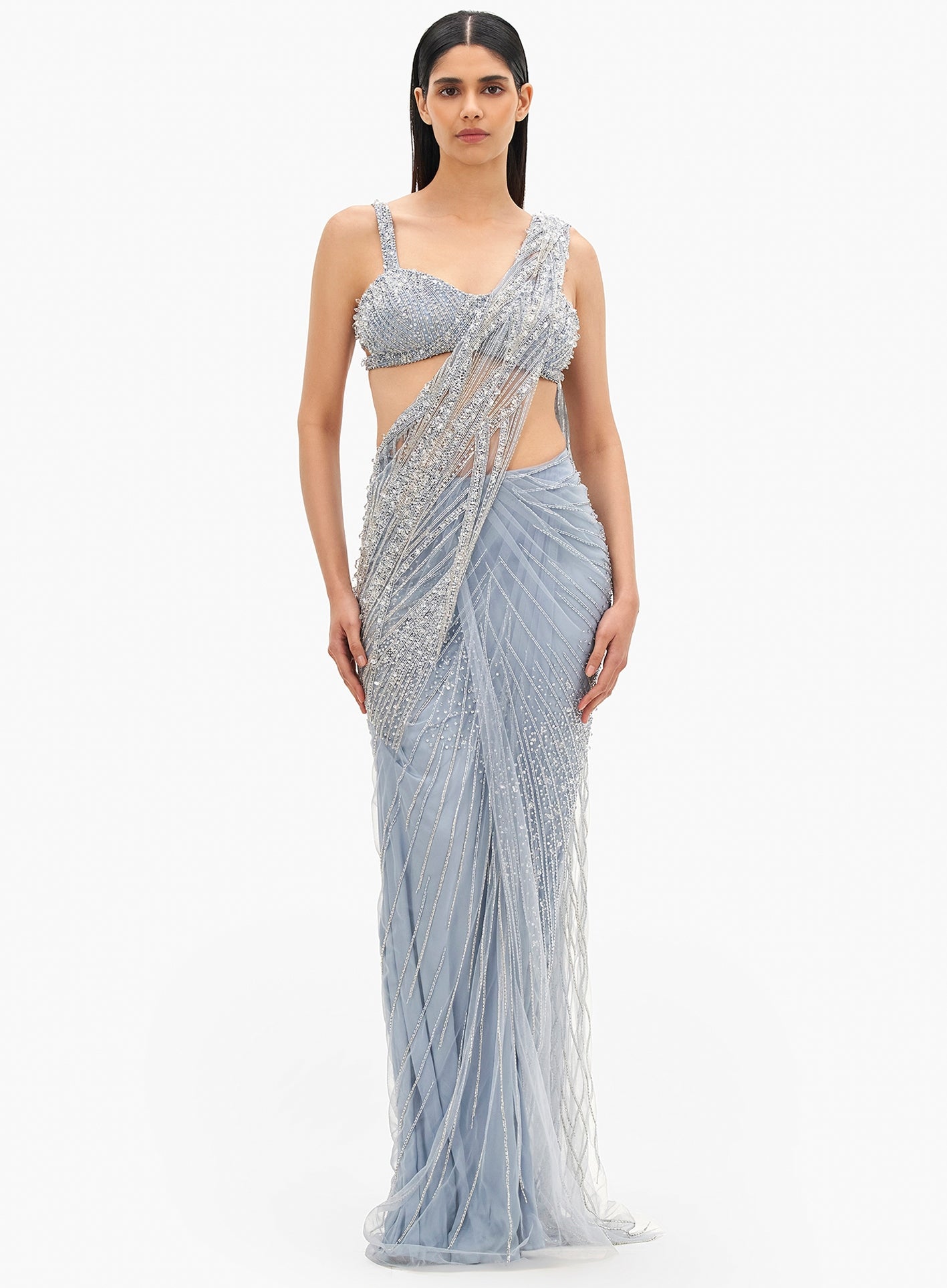 The Comet Blue Cosmic Glint Sari Gown By KYNAH, Luxury Indian Fashion & Bridal Wear
