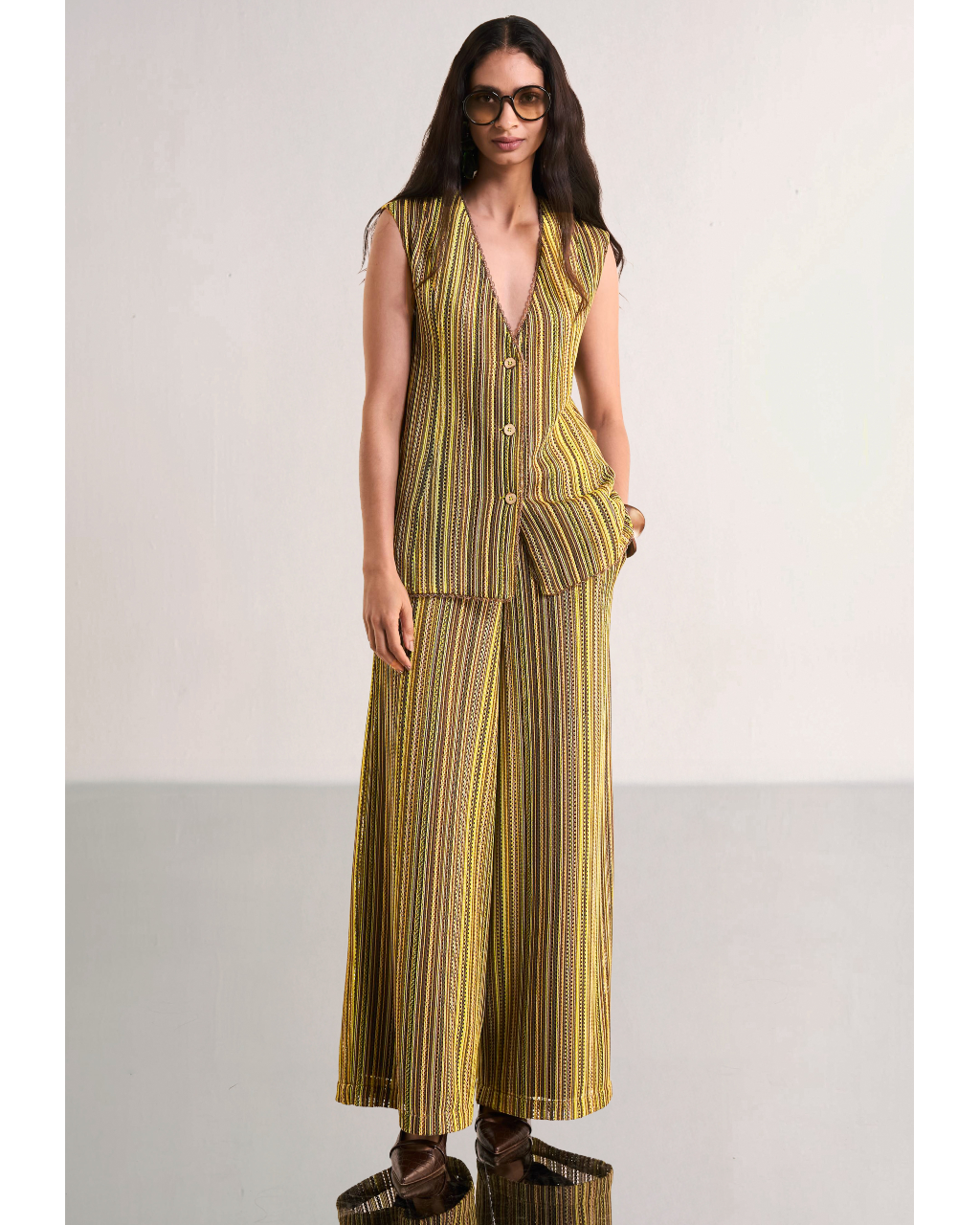 Scalloped Crochet Knit Waistcoat & Wide-Legged Pant Set By KYNAH, Luxury Indian Fashion & Bridal Wear