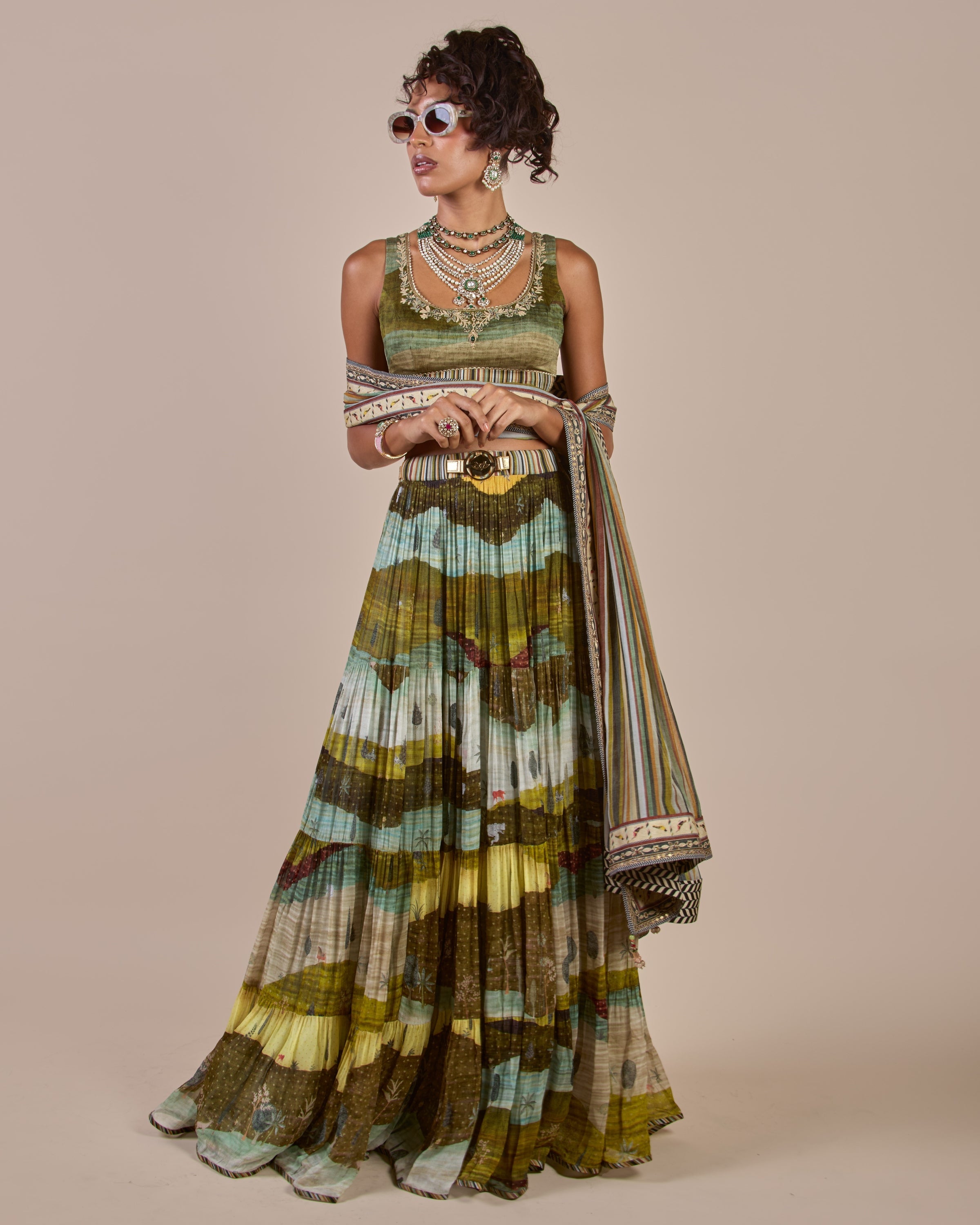 Olive Multi Hued Skirt Set By KYNAH, Luxury Indian Fashion & Bridal Wear