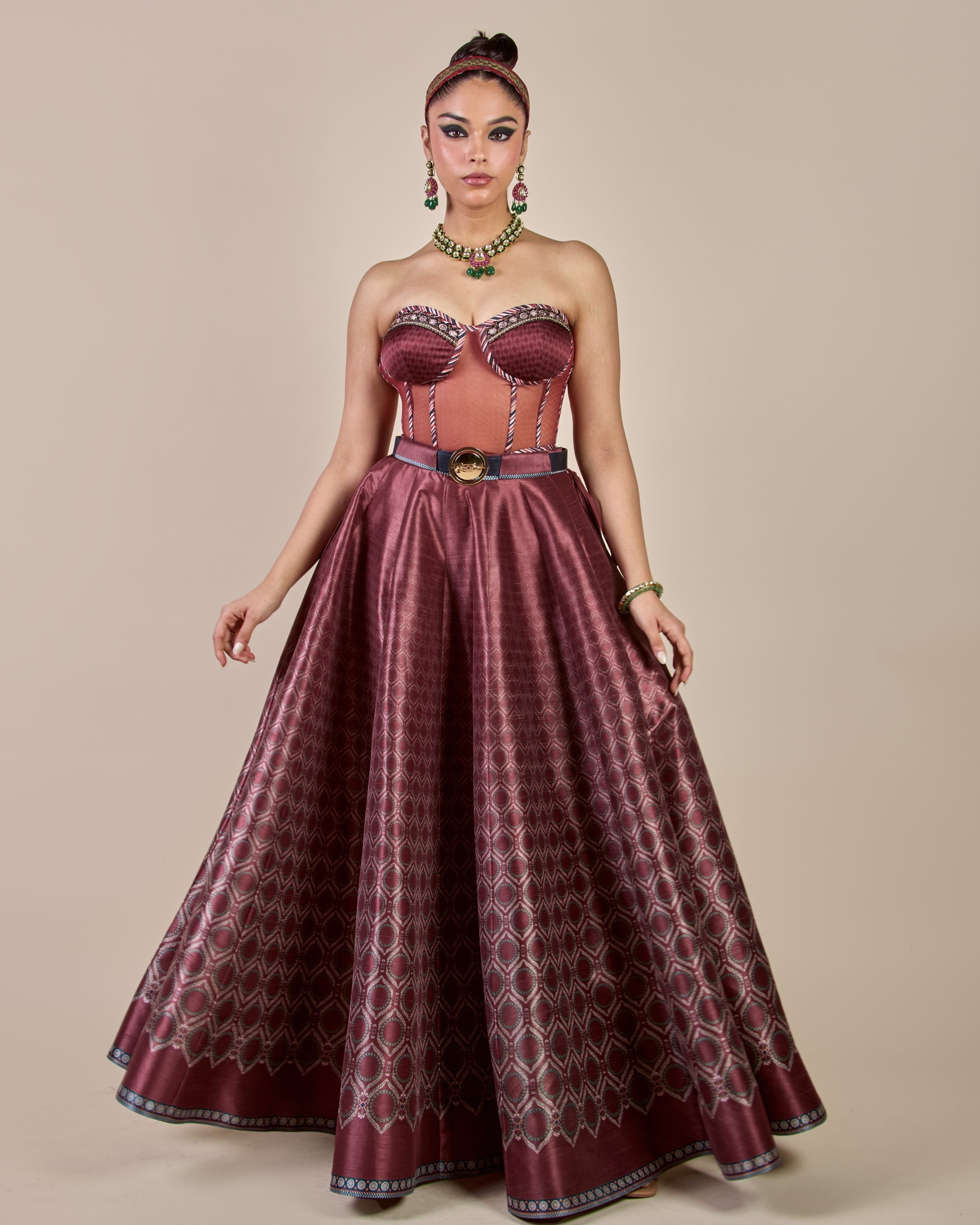 Vintage Maroon Corset Skirt Set By KYNAH, Luxury Indian Fashion & Bridal Wear