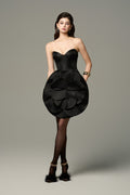 Selene Cat Eye Neckline Mini Dress With Front Dramatic Floral Applique Black