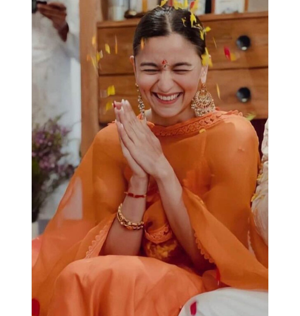 Alia Bhatt in the Orange Cotton Silk Anarakali Set By KYNAH, Luxury Indian Fashion & Bridal Wear