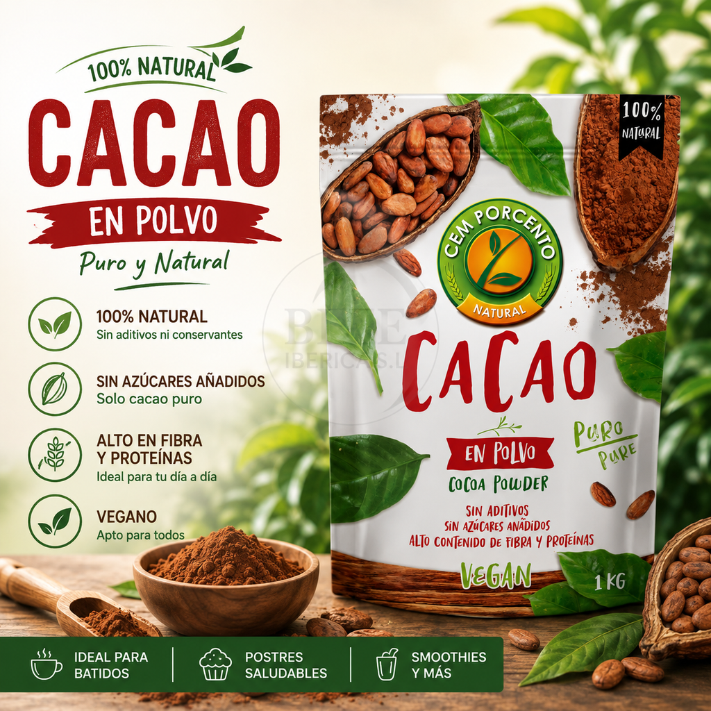 Cacao en Polvo 100% Natural - 1Kg - Cem Porcento