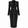 Black Structured Skirt Suit with Gold Buttons