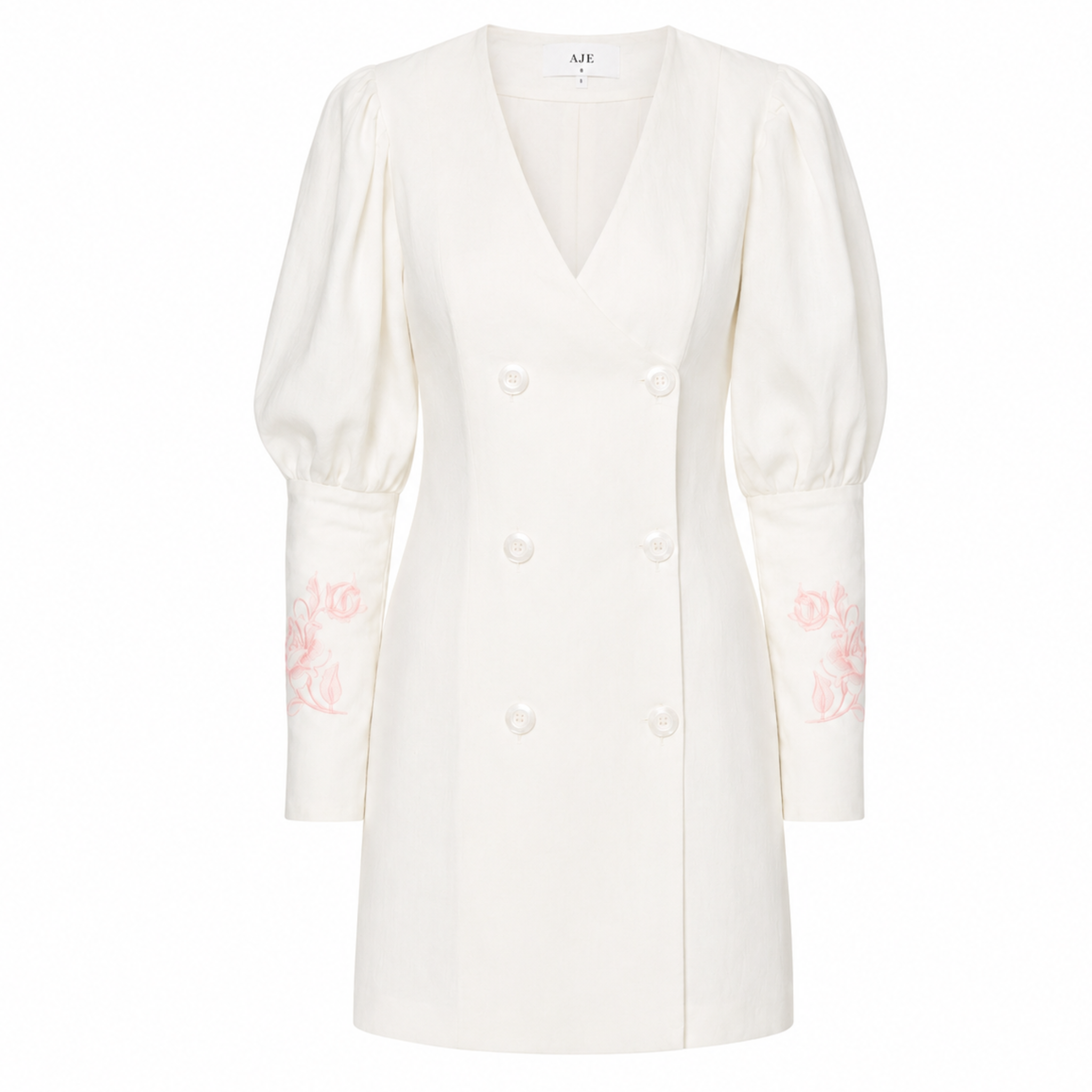 Ivory Linen Blazer Dress with Rose Embroidery
