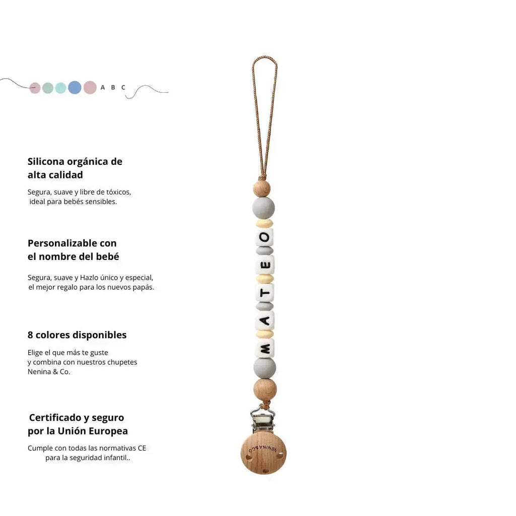 Chupetero Personalizado Rosa pálido con Nombre en Silicona Orgánica | Nenina & Co.