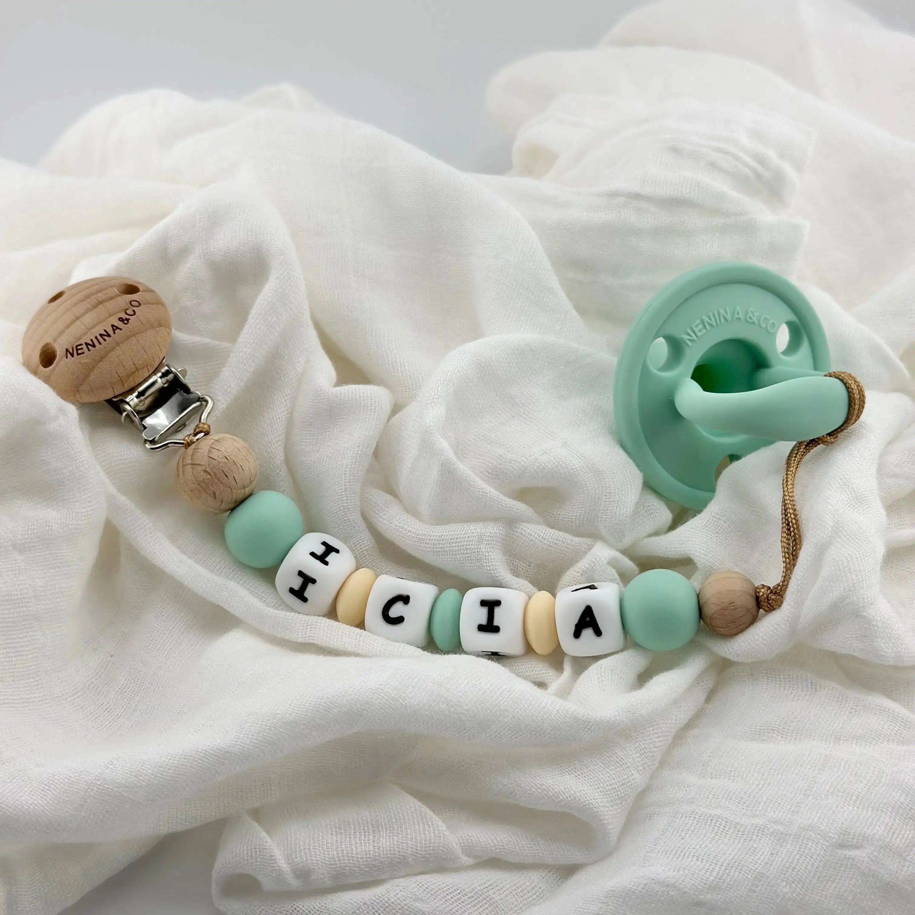 Kit Chupete Clásico Mint de Silicona + Chupetero con Nombre | Nenina & Co.