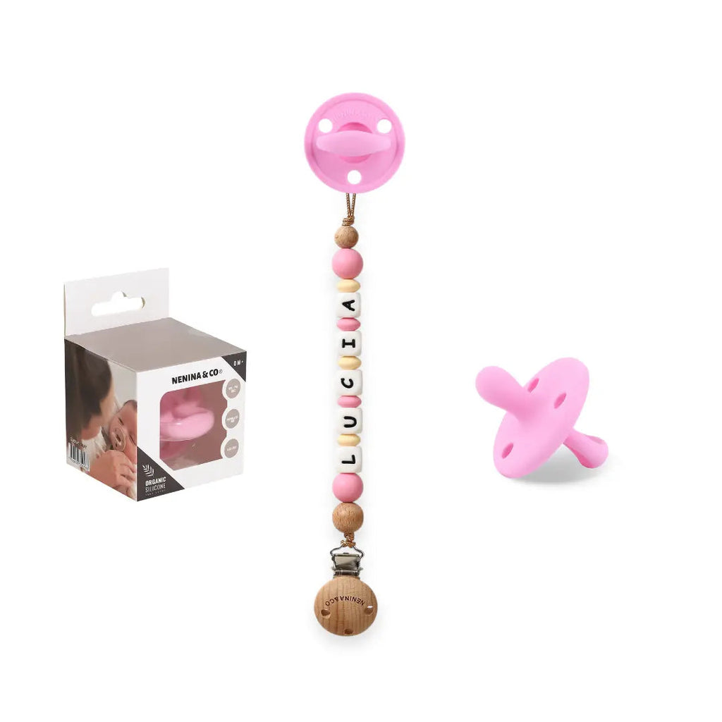 Kit Chupete Clásico Rosa chicle de Silicona + Chupetero con Nombre | Nenina & Co.
