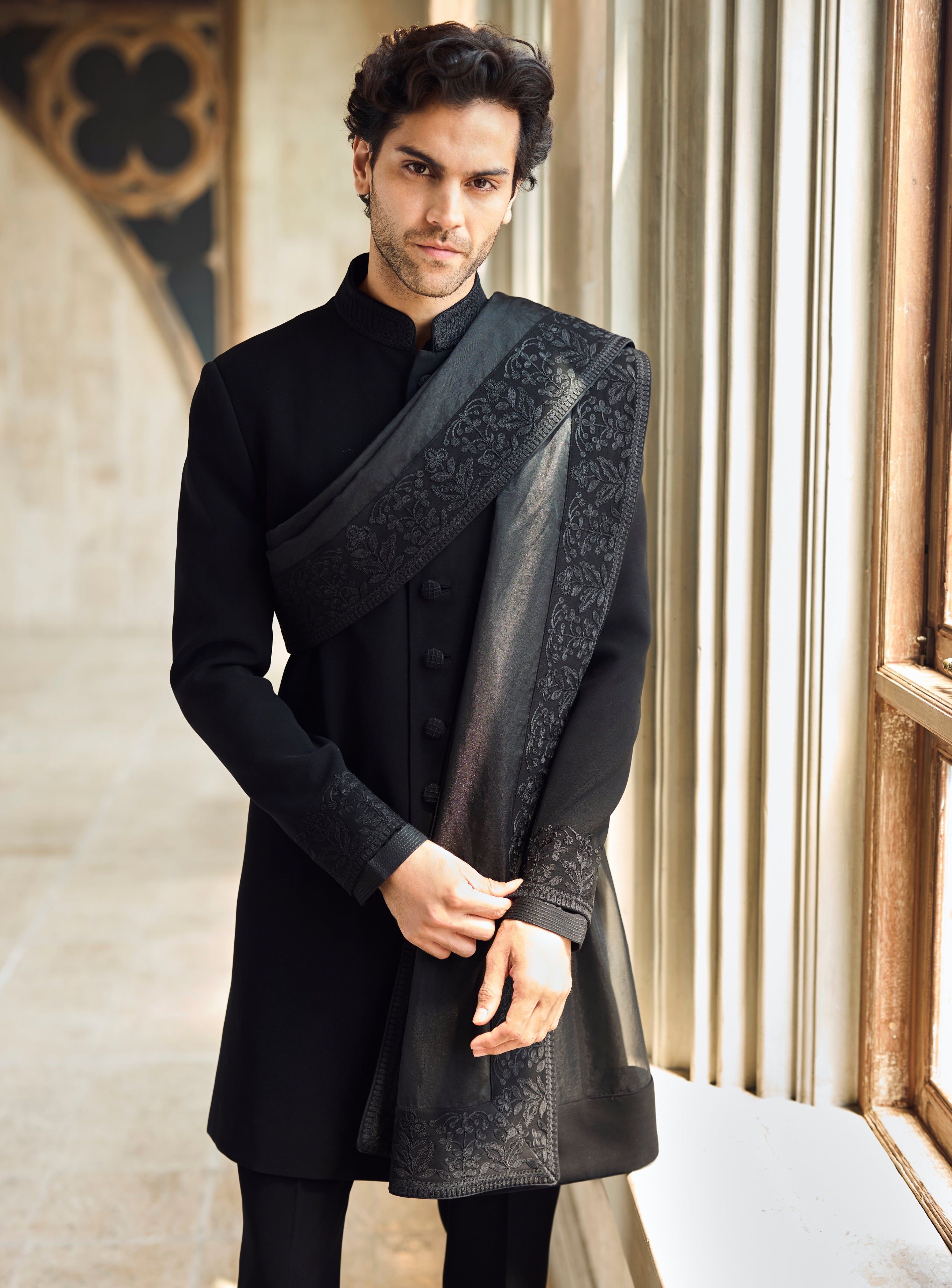 Chapelle Black Thread Work Sherwani Set By KYNAH, Luxury Indian Fashion & Bridal Wear