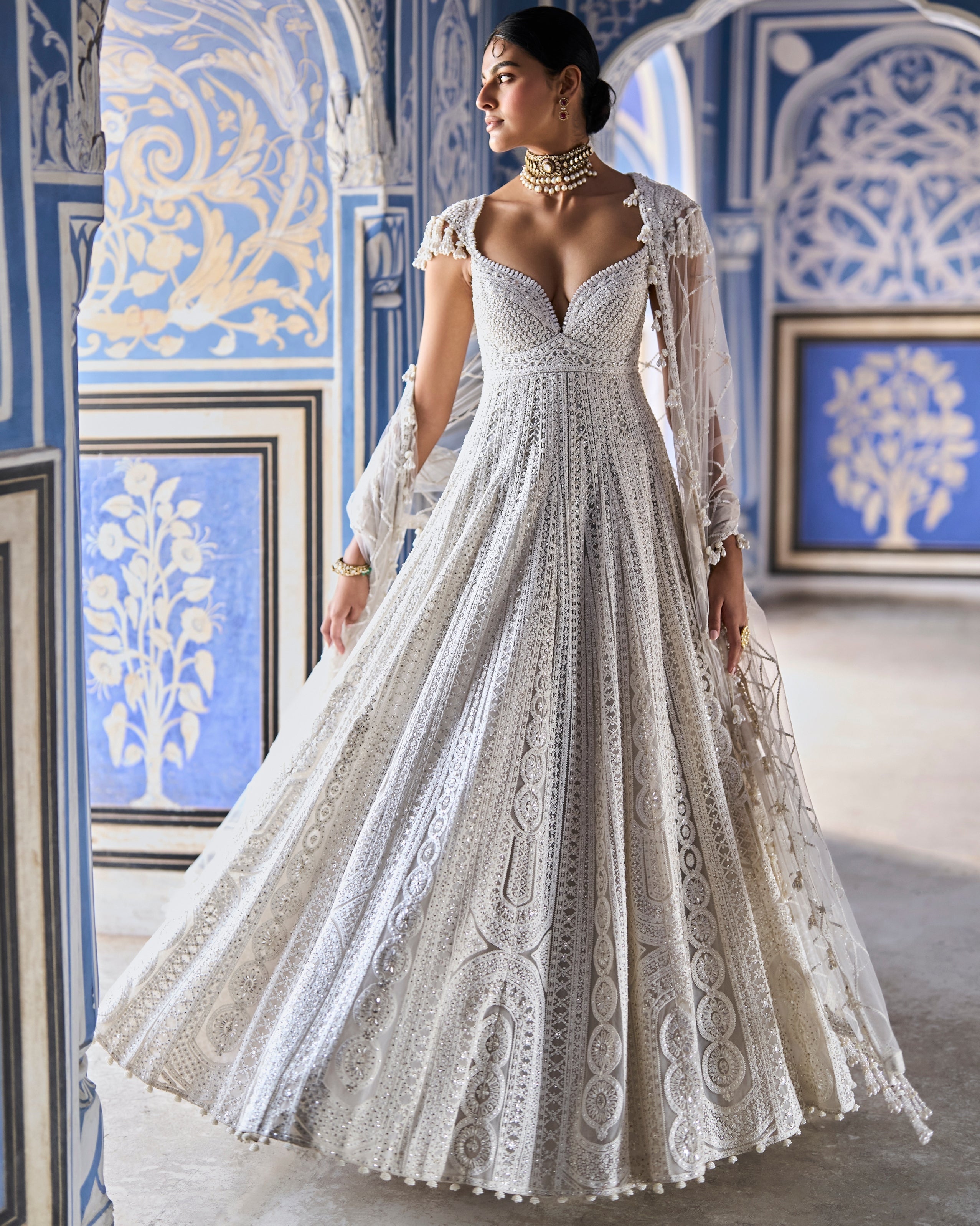 Cream Dori Ankarkali Set By KYNAH, Luxury Indian Fashion & Bridal Wear