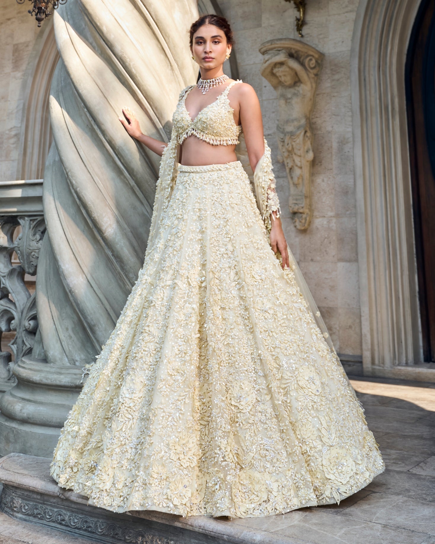 Chapelle Yellow Three-Dimensional Lehenga Set By KYNAH, Luxury Indian Fashion & Bridal Wear