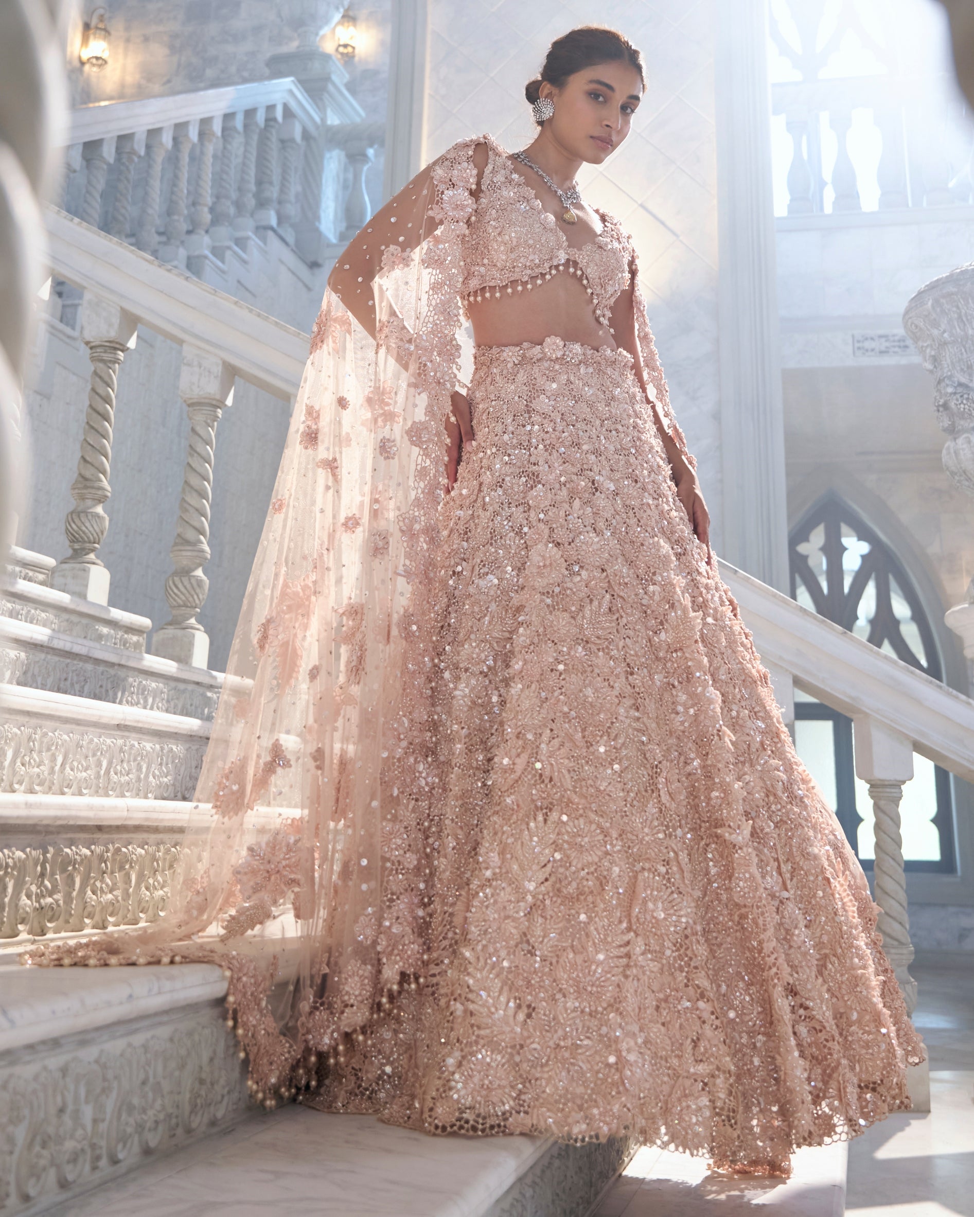 Chapelle Powder Peach Cut Work Lehenga Set By KYNAH, Luxury Indian Fashion & Bridal Wear