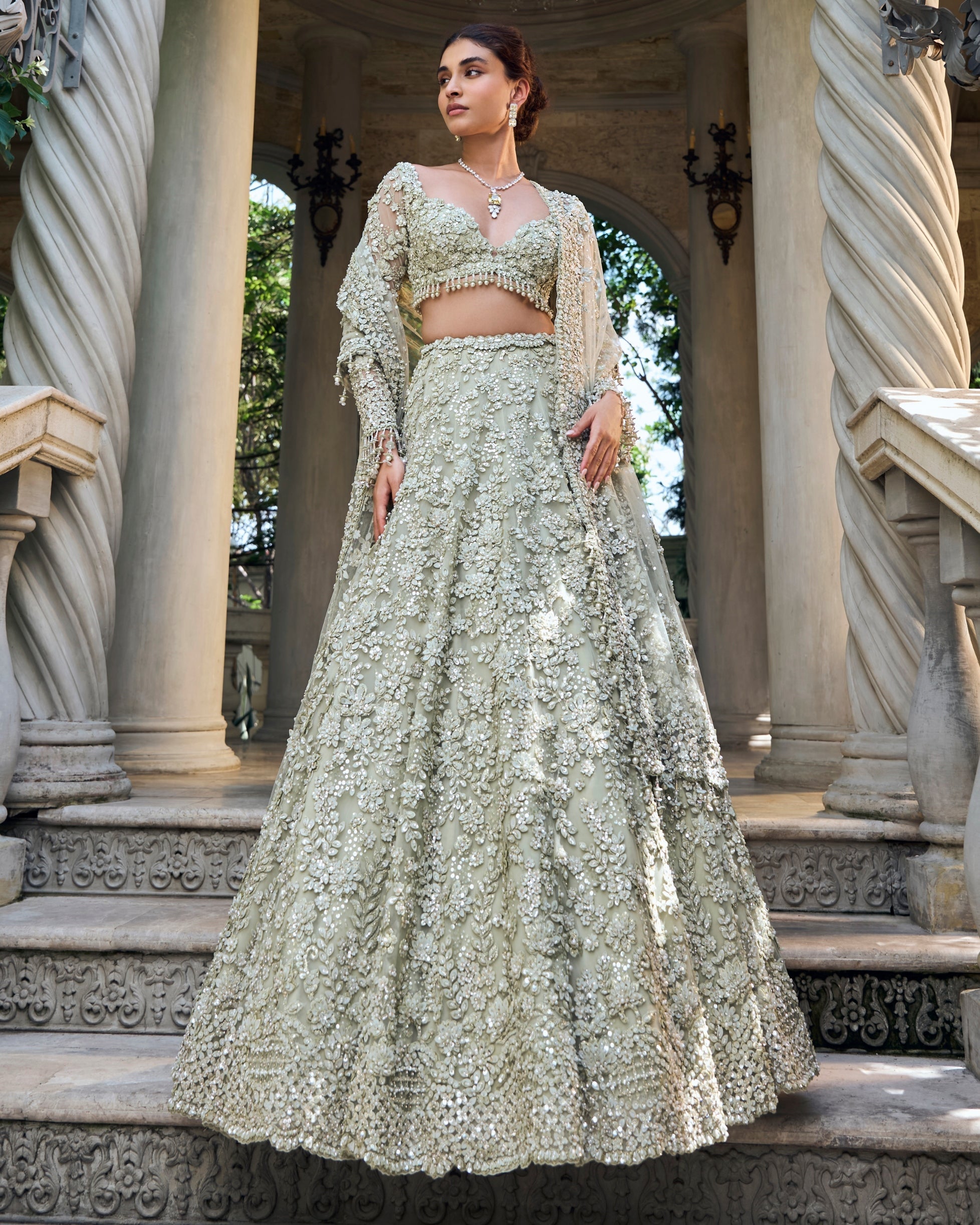 Chapelle Sage Green Three-Dimensional Lehenga Set By KYNAH, Luxury Indian Fashion & Bridal Wear
