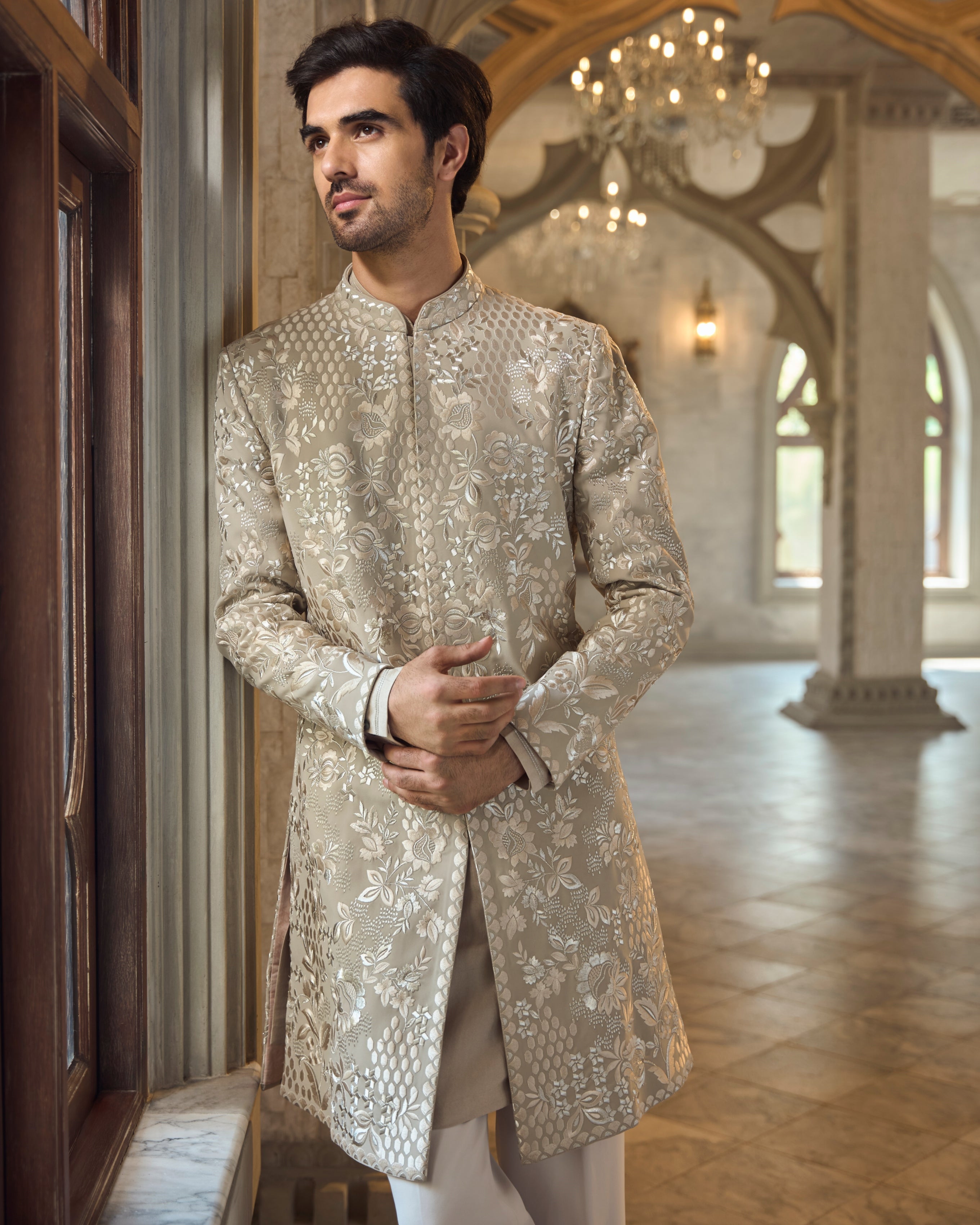 Chapelle Greige Sherwani Set By KYNAH, Luxury Indian Fashion & Bridal Wear