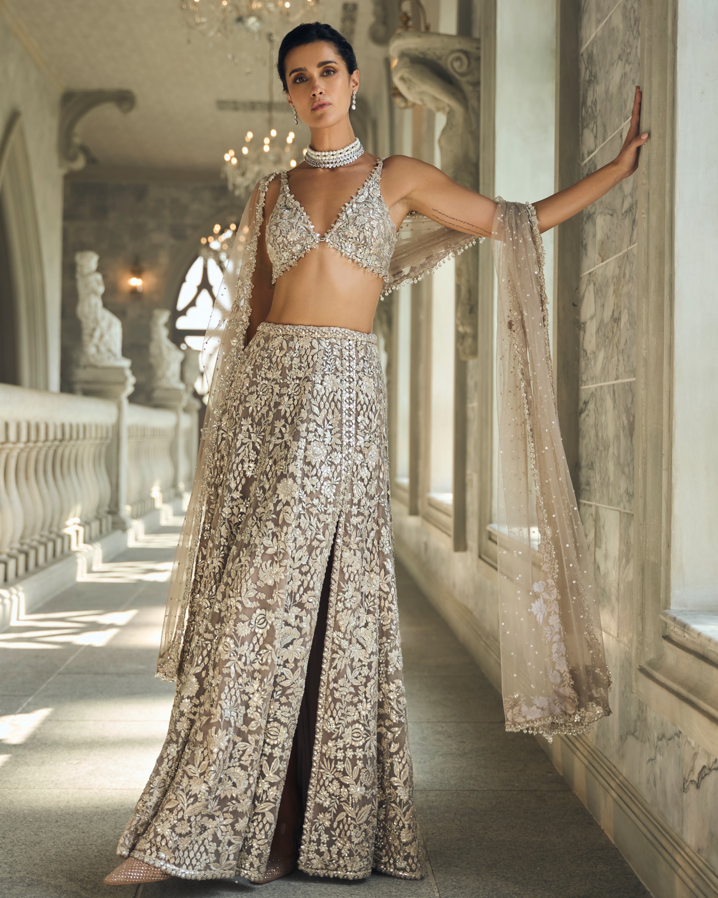 Chapelle Ash Grey & Silver Skirt Set By KYNAH, Luxury Indian Fashion & Bridal Wear