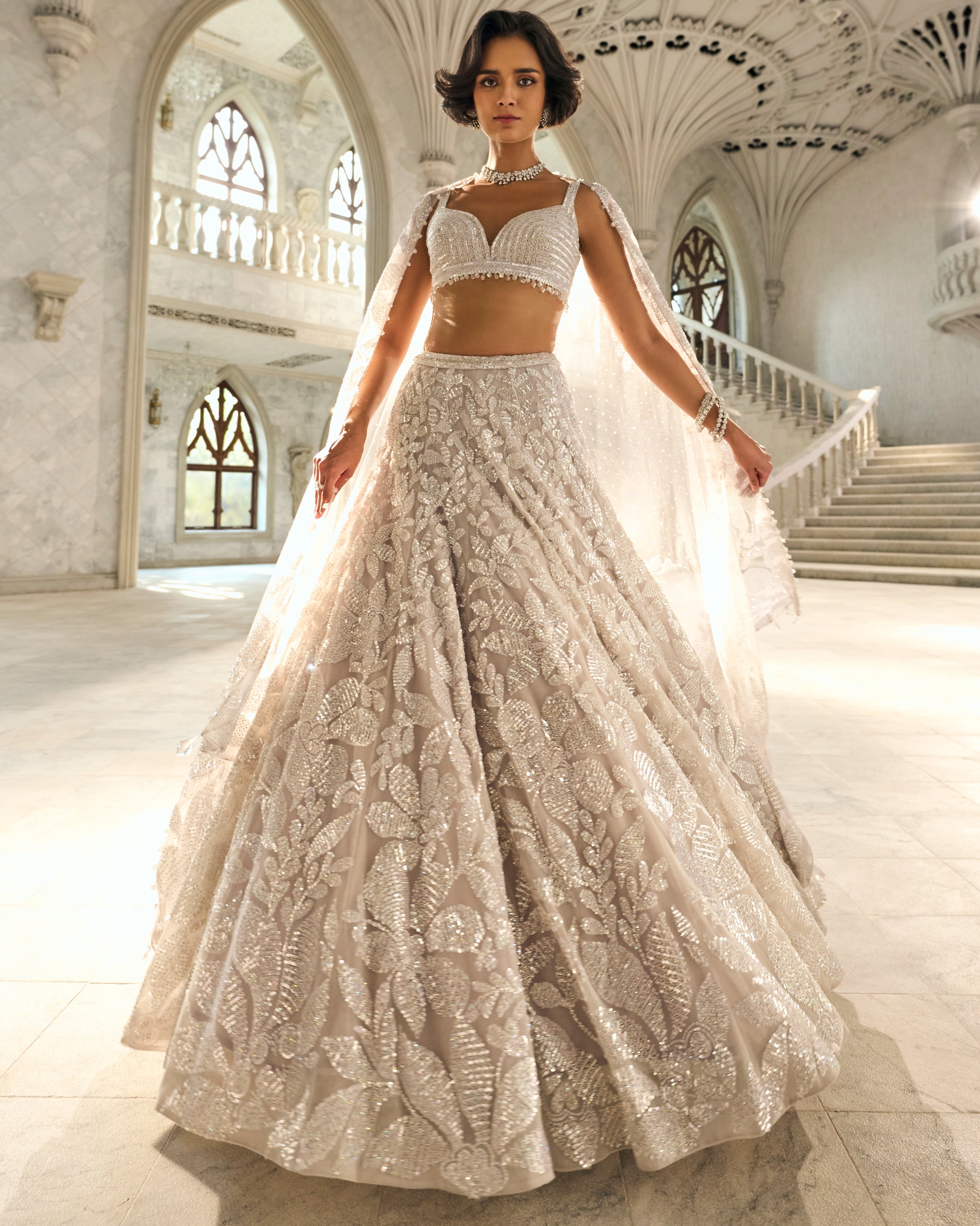 Chapelle Silver Floral Lehenga Set By KYNAH, Luxury Indian Fashion & Bridal Wear