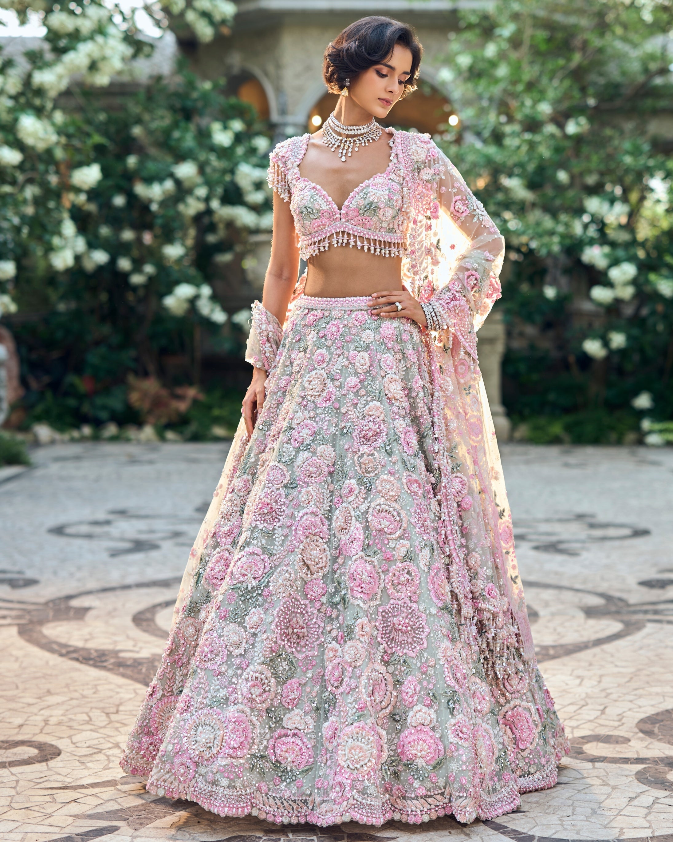 Chapelle Mint Green Multi-Coloured Floral Lehenga Set By KYNAH, Luxury Indian Fashion & Bridal Wear