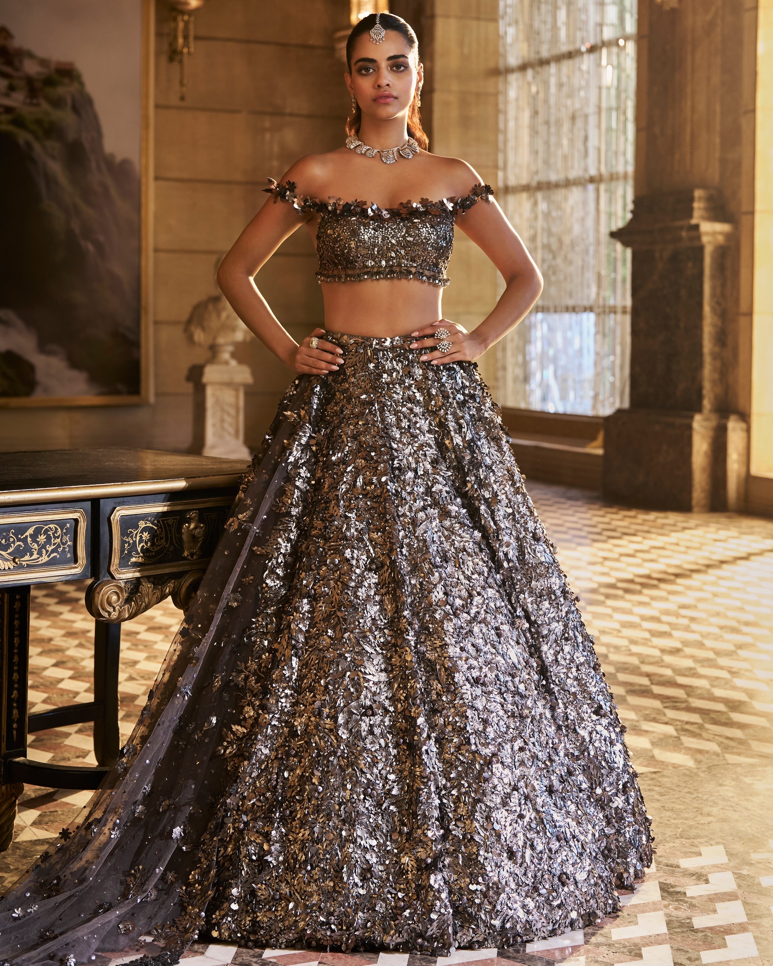 Metallic Silver 3D Lehenga Set By KYNAH, Luxury Indian Fashion & Bridal Wear