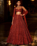 Brick Red Crystal Lehenga Set By KYNAH, Luxury Indian Fashion & Bridal Wear